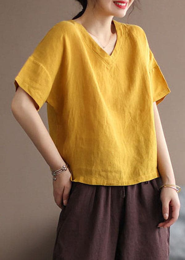 Classy Yellow Solid V Neck Patchwork Linen Tops Short Sleeve GK-STP220509