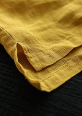 Classy Yellow Solid V Neck Patchwork Linen Tops Short Sleeve GK-STP220509