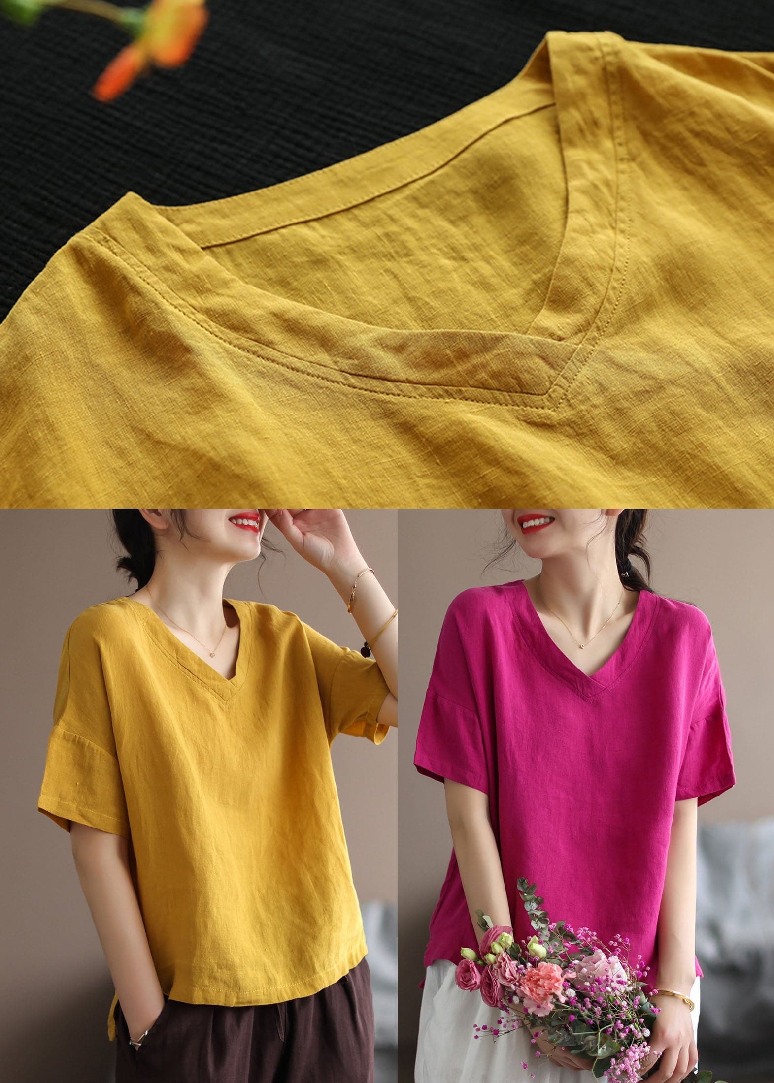 Classy Yellow Solid V Neck Patchwork Linen Tops Short Sleeve GK-STP220509