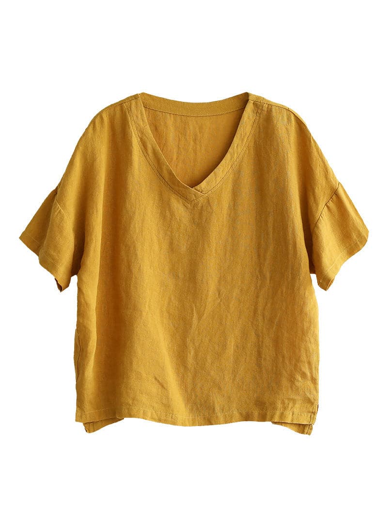 Classy Yellow Solid V Neck Patchwork Linen Tops Short Sleeve GK-STP220509