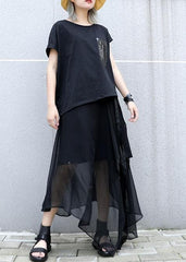 Classy black cotton clothes asymmetric short sleeve tunic summer blouses AT-SDL190717