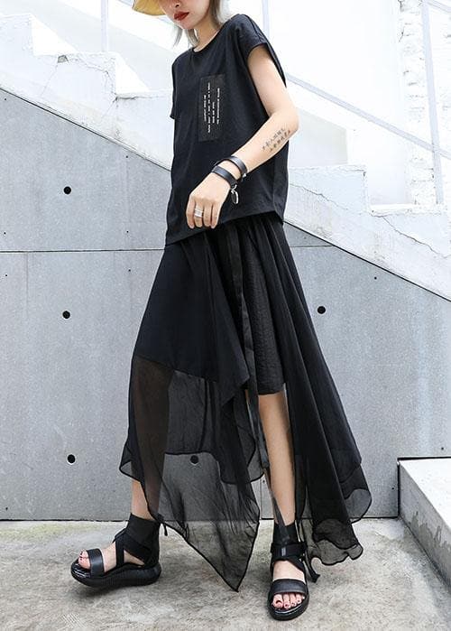 Classy black cotton clothes asymmetric short sleeve tunic summer blouses AT-SDL190717