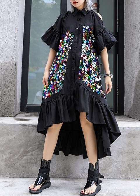 Classy black cotton tunic top lapel patchwork Kaftan summer Dresses AT-SDL190614