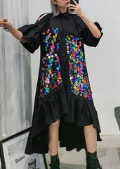 Classy black cotton tunic top lapel patchwork Kaftan summer Dresses AT-SDL190614