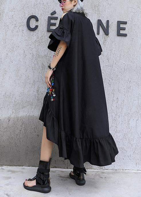 Classy black cotton tunic top lapel patchwork Kaftan summer Dresses AT-SDL190614