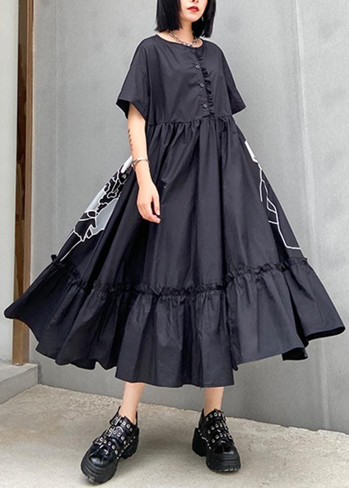 Classy black print cotton clothes o neck Cinched cotton robes summer Dresses AT-SDL200617