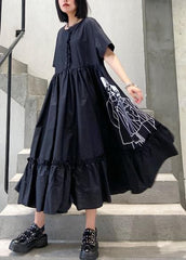 Classy black print cotton clothes o neck Cinched cotton robes summer Dresses AT-SDL200617