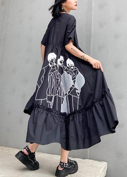 Classy black print cotton clothes o neck Cinched cotton robes summer Dresses AT-SDL200617