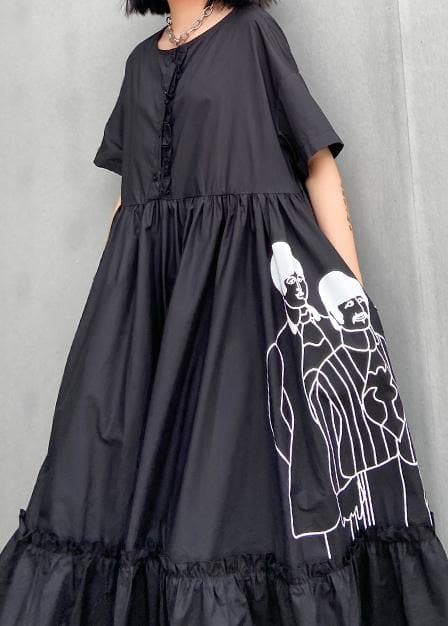 Classy black print cotton clothes o neck Cinched cotton robes summer Dresses AT-SDL200617