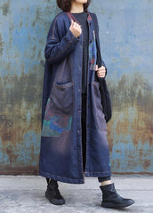 Classy blue prints Fashion trench coat Inspiration two big pockets thick coats TCT191127