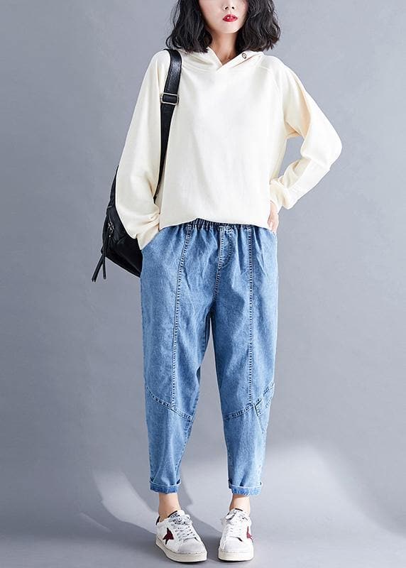 Classy Spring Women Pants Fashion Denim Blue Photography Elastic Waist Patchwork Pant LPTS190830