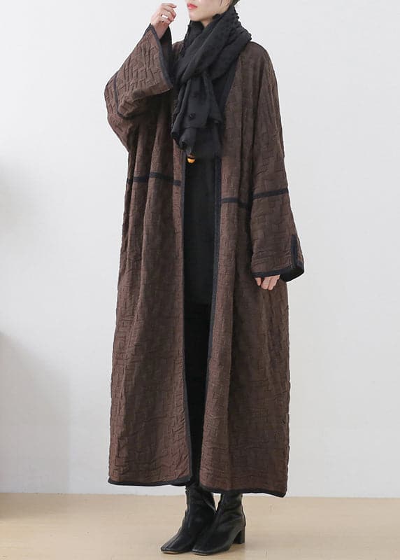 Coffee Colour V Neck Patchwork Woolen Trench Coats Long Sleeve AM-TCT220905