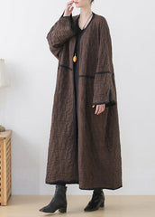 Coffee Colour V Neck Patchwork Woolen Trench Coats Long Sleeve AM-TCT220905