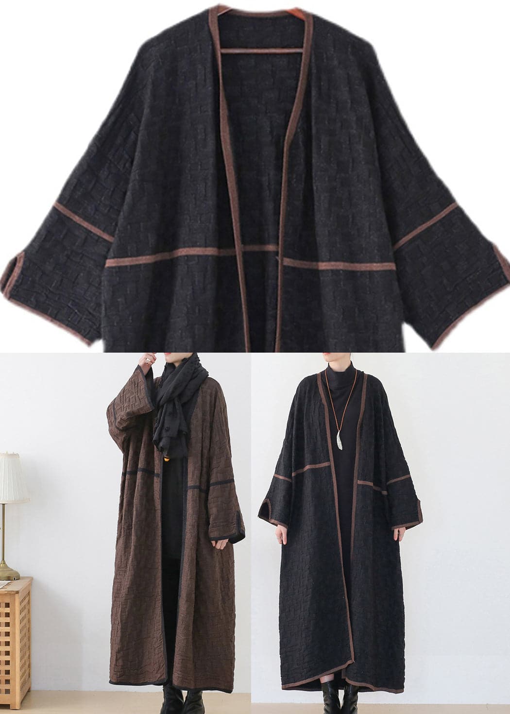 Coffee Colour V Neck Patchwork Woolen Trench Coats Long Sleeve AM-TCT220905