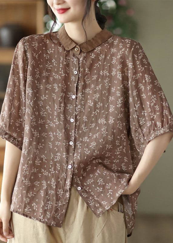 Coffee Linen Shirt Top Button Peter Pan Collar Half Sleeve gk-HTP220503