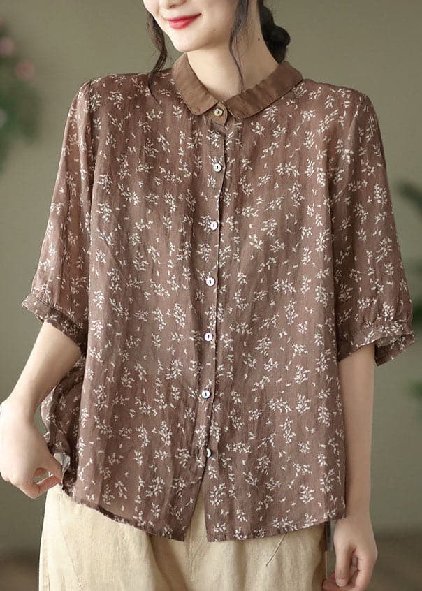 Coffee Linen Shirt Top Button Peter Pan Collar Half Sleeve gk-HTP220503