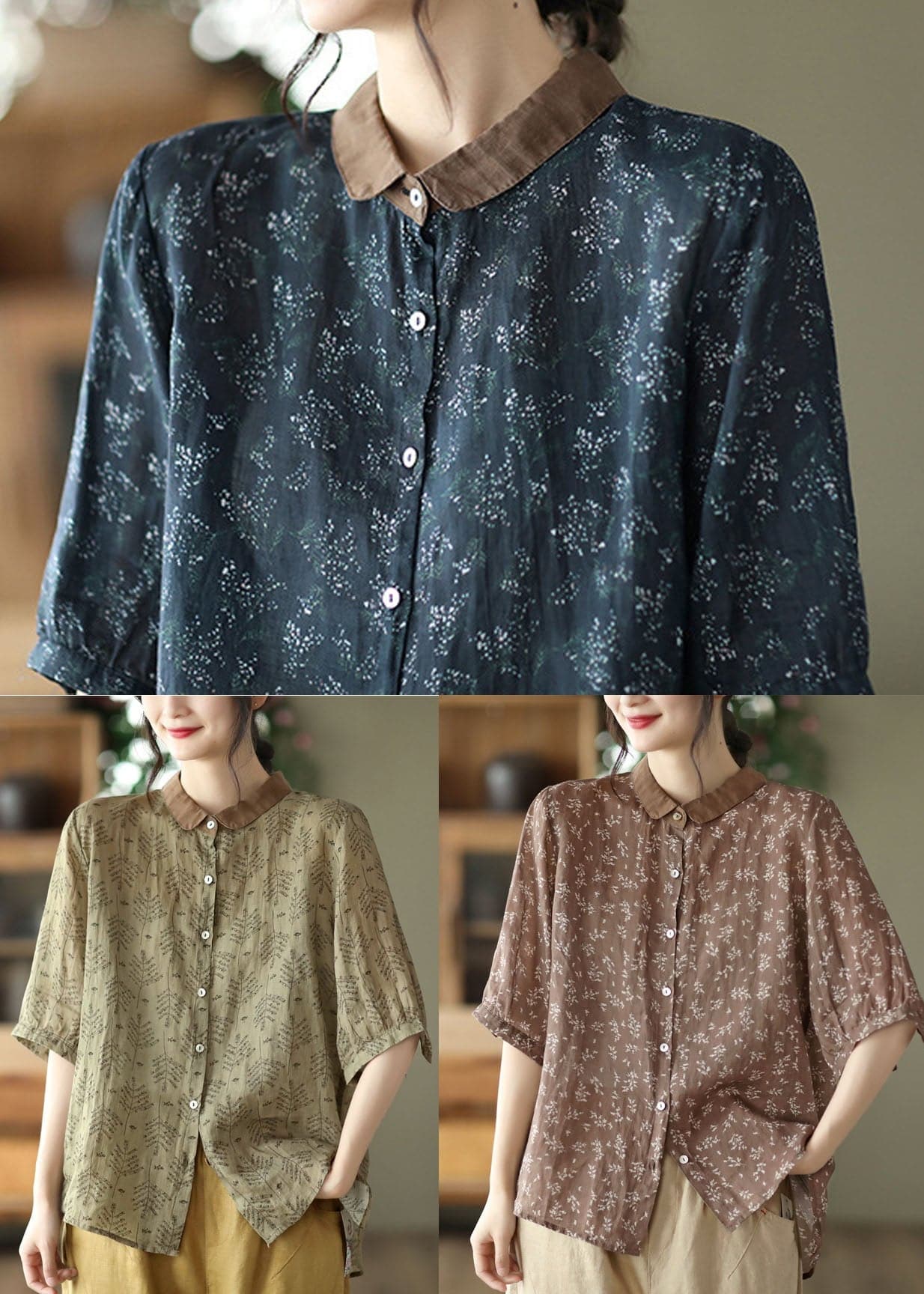 Coffee Linen Shirt Top Button Peter Pan Collar Half Sleeve gk-HTP220503