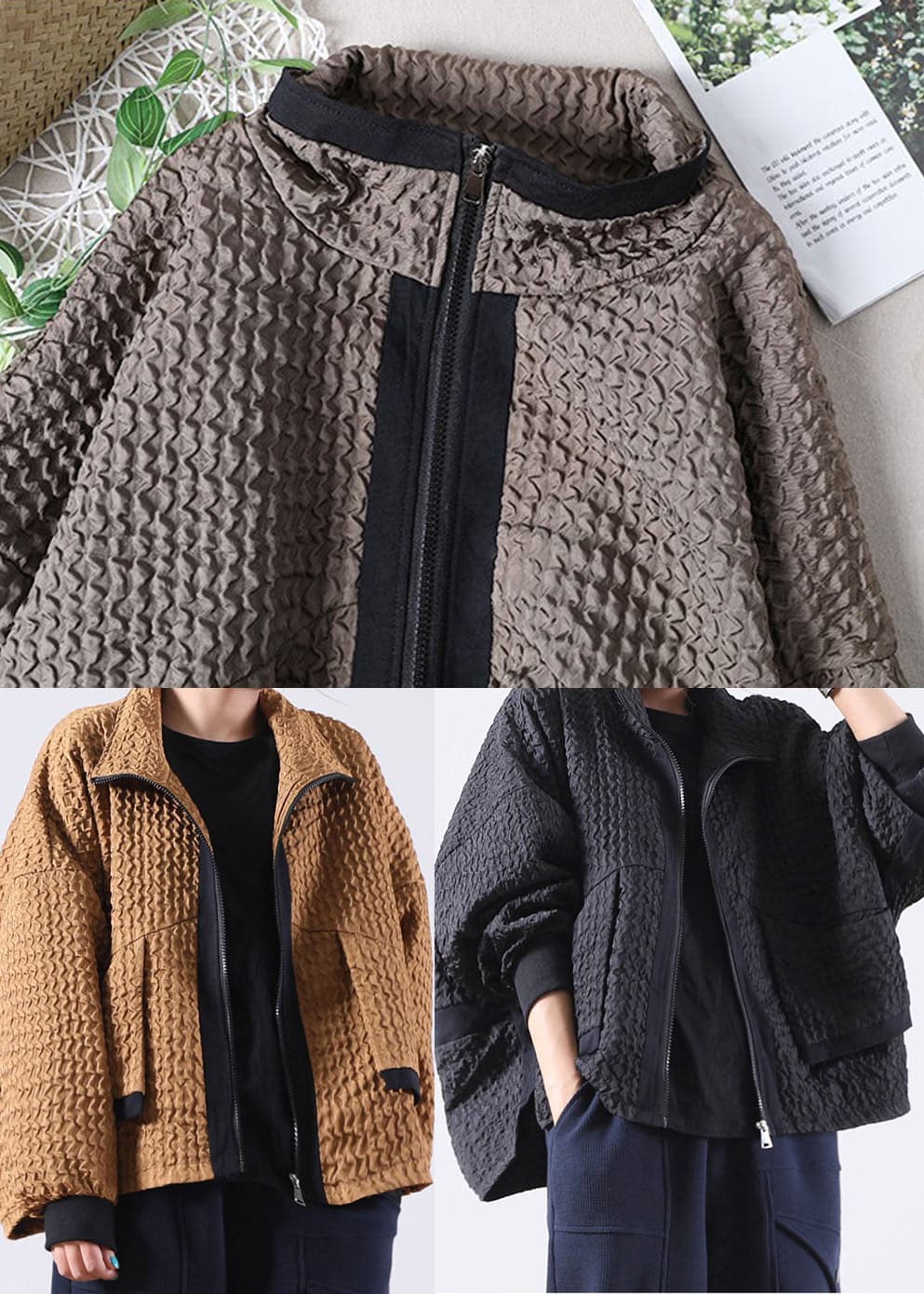 Coffee Patchwork Corduroy Zip Up Spring Coat BSDJK-CTS211130