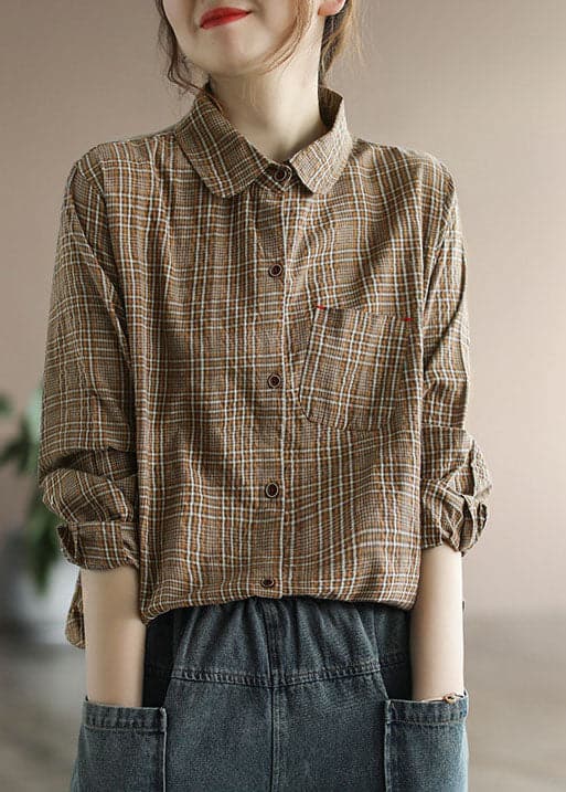 Coffee Plaid Cotton Shirt Tops pocket Long Sleeve GK-LTP220228