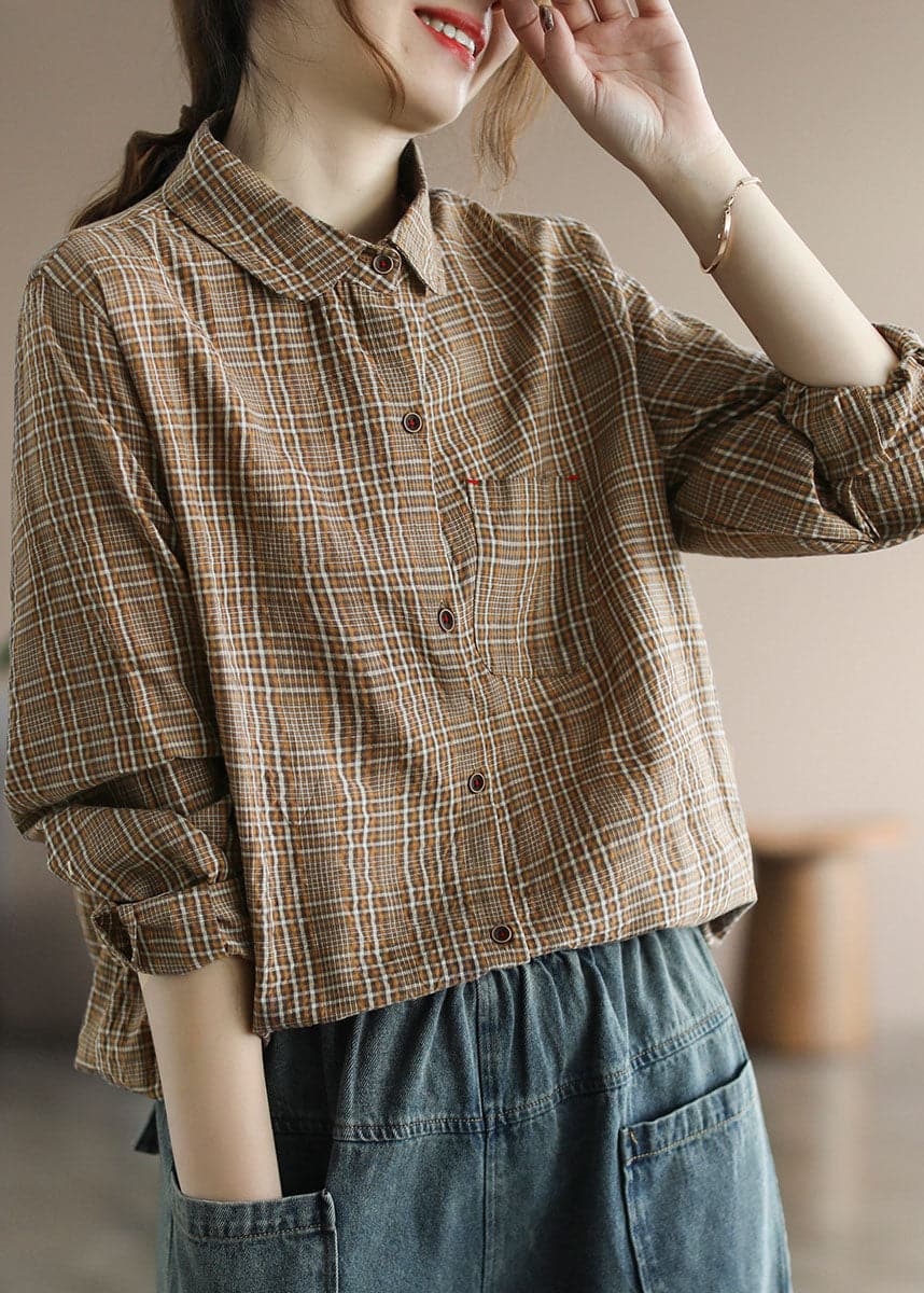 Coffee Plaid Cotton Shirt Tops pocket Long Sleeve GK-LTP220228