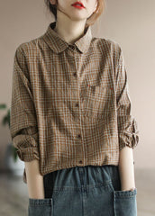 Coffee Plaid Cotton Shirt Tops pocket Long Sleeve GK-LTP220228