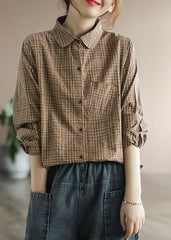 Coffee Plaid Cotton Shirt Tops pocket Long Sleeve GK-LTP220228