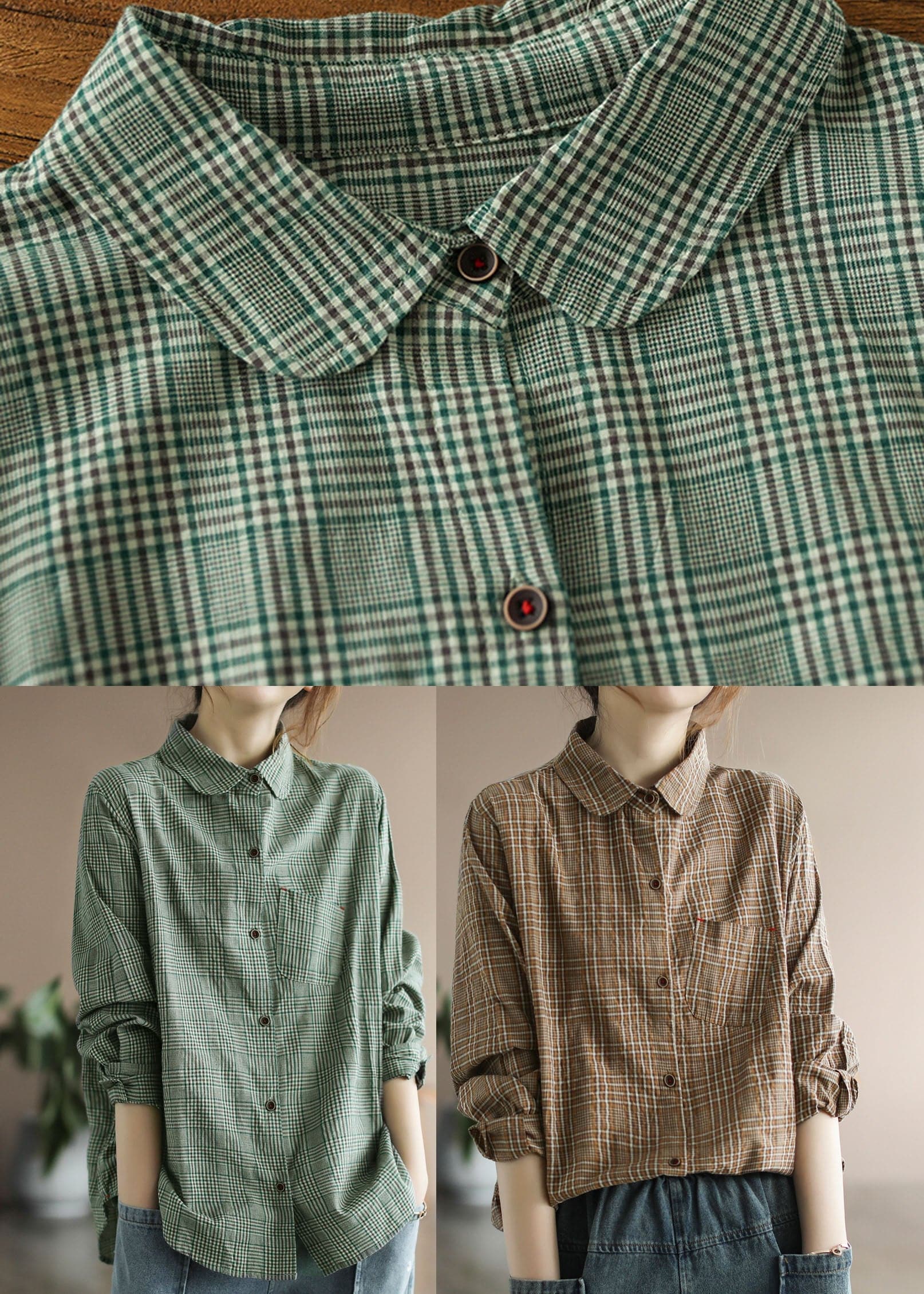 Coffee Plaid Cotton Shirt Tops pocket Long Sleeve GK-LTP220228