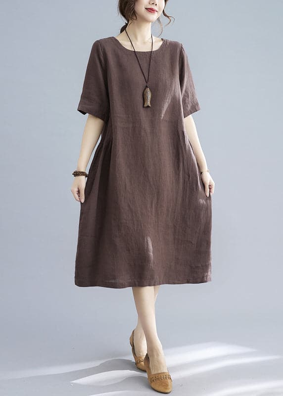 Coffee Solid Original Design Pocket Linen Holiday Dress Short Sleeve GK-SDL220418