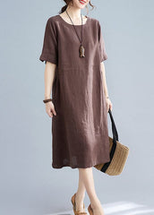 Coffee Solid Original Design Pocket Linen Holiday Dress Short Sleeve GK-SDL220418