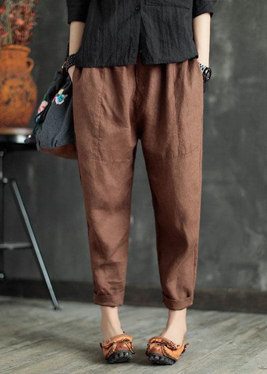 Coffee Solid Pockets Linen Harem Pants Elastic waist Summer gk-CPTS220503