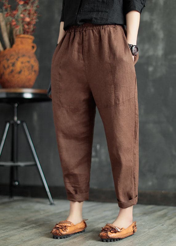 Coffee Solid Pockets Linen Harem Pants Elastic waist Summer gk-CPTS220503