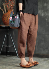 Coffee Solid Pockets Linen Harem Pants Elastic waist Summer gk-CPTS220503