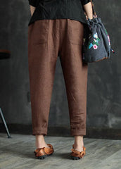 Coffee Solid Pockets Linen Harem Pants Elastic waist Summer gk-CPTS220503