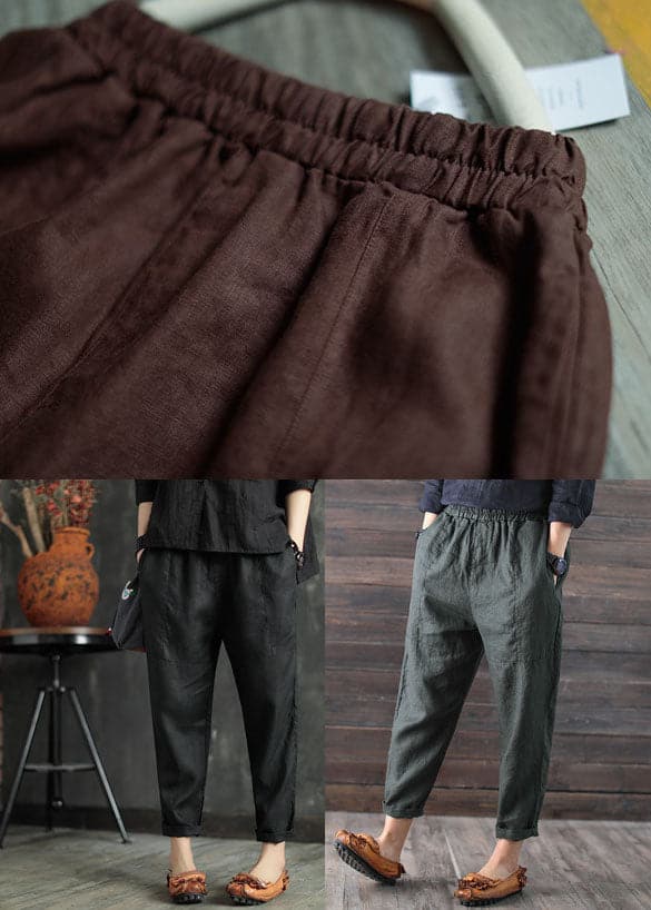 Coffee Solid Pockets Linen Harem Pants Elastic waist Summer gk-CPTS220503