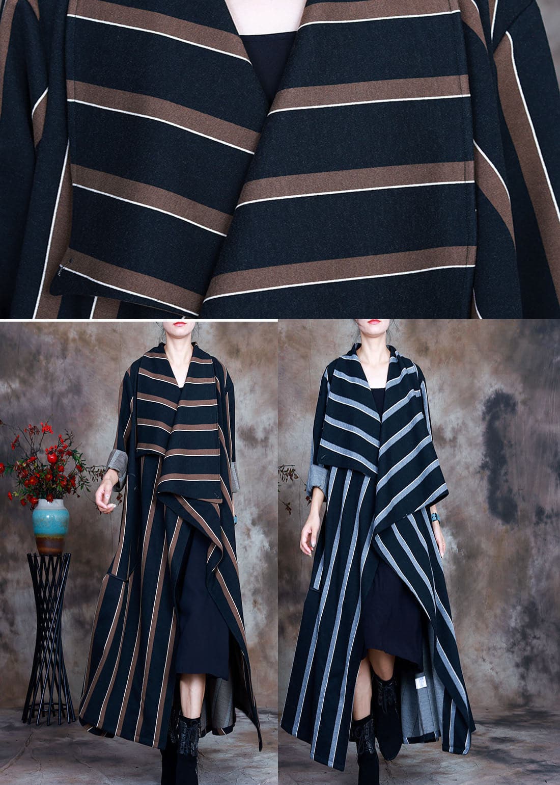 Coffee Striped Woolen trench coats pockets Spring ZS-TCT220207