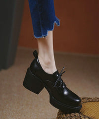 Comfy Black Cowhide Leather High Heels Lace Up Platform High Heels PDD-GGX220831