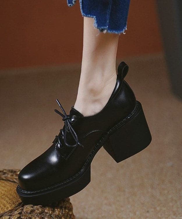 Comfy Black Cowhide Leather High Heels Lace Up Platform High Heels PDD-GGX220831