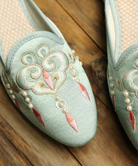 Comfy Light Green Embroideried Pearl Cotton Fabric Slide Sandals SHOE-LT220328