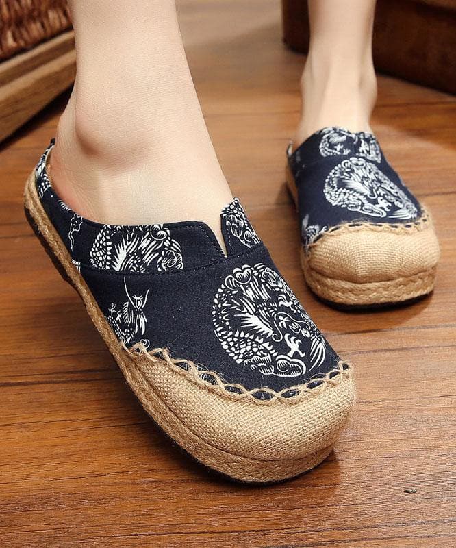 Comfy Navy Print Linen Fabric Slippers Shoes LT210706