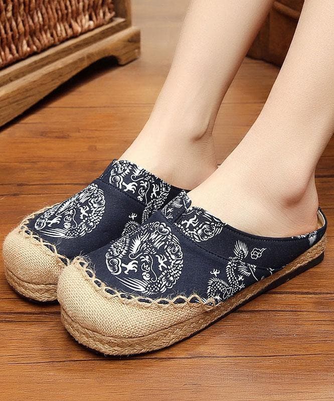 Comfy Navy Print Linen Fabric Slippers Shoes LT210706