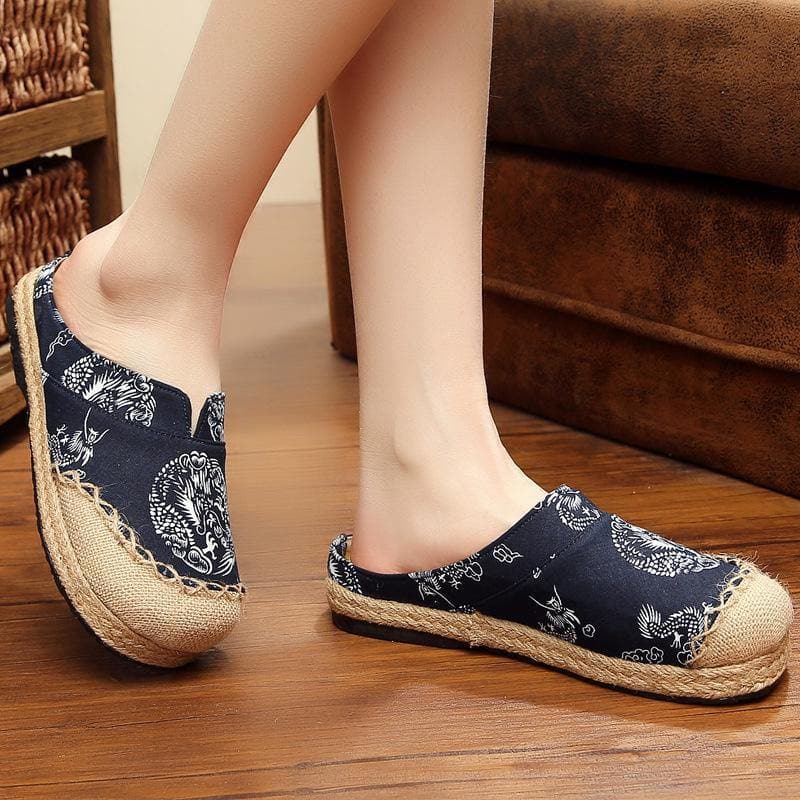 Comfy Navy Print Linen Fabric Slippers Shoes LT210706