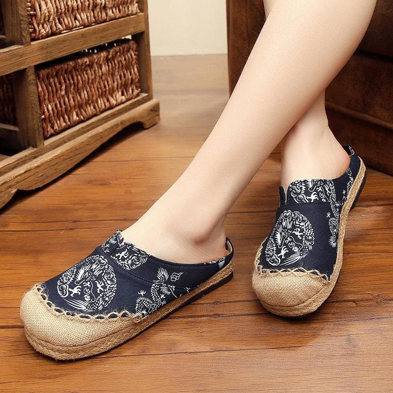 Comfy Navy Print Linen Fabric Slippers Shoes LT210706