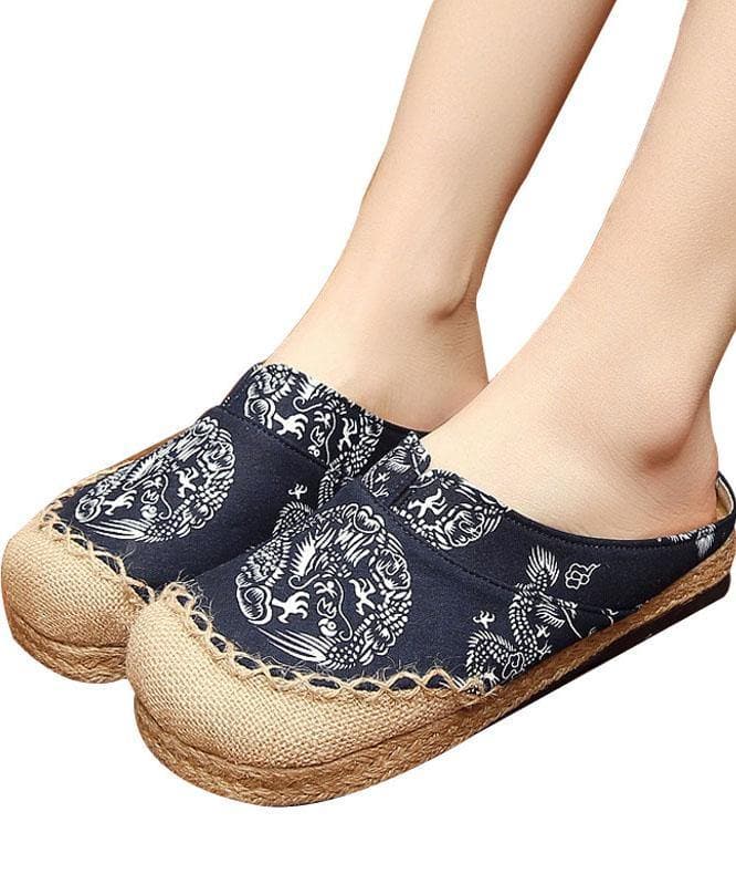 Comfy Navy Print Linen Fabric Slippers Shoes LT210706