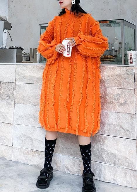 Comfy high neck tassel Sweater fall weather Upcycle orange baggy knitwear AT-NSD191101