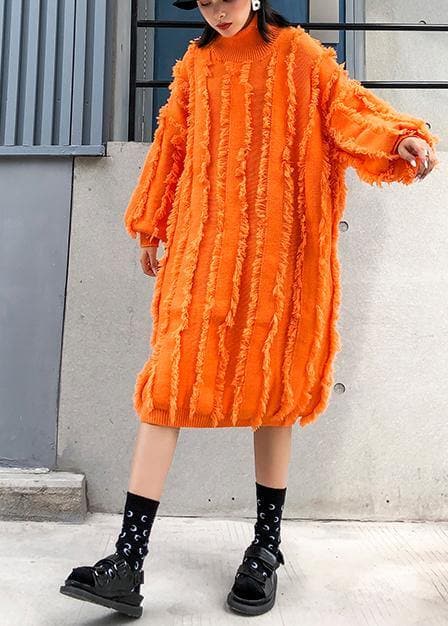 Comfy high neck tassel Sweater fall weather Upcycle orange baggy knitwear AT-NSD191101