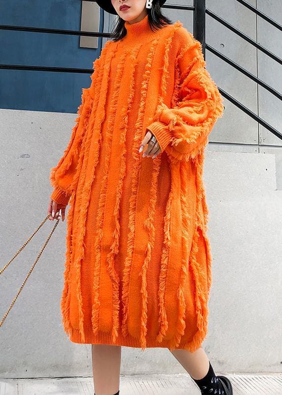 Comfy high neck tassel Sweater fall weather Upcycle orange baggy knitwear AT-NSD191101