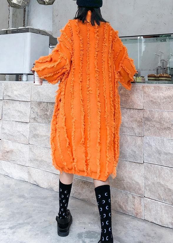 Comfy high neck tassel Sweater fall weather Upcycle orange baggy knitwear AT-NSD191101