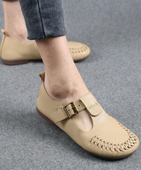 Cowhide Beige Leather Flat Shoes For Women Buckle Strap Hollow Out Flat Shoes XZ-PDX210622