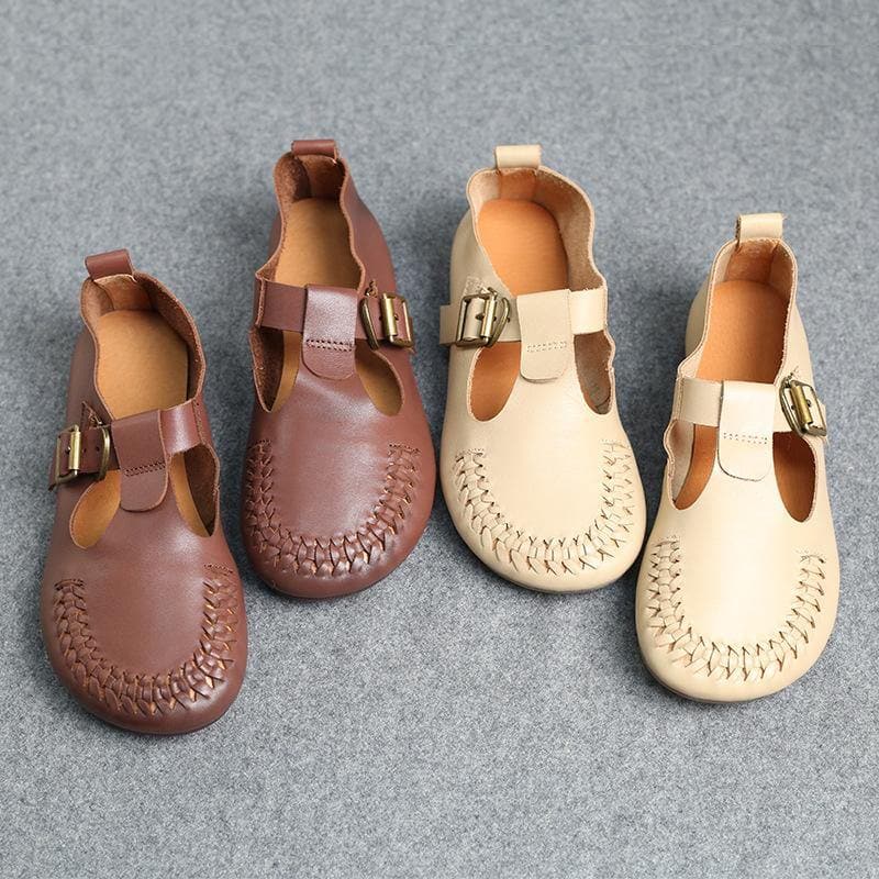 Cowhide Beige Leather Flat Shoes For Women Buckle Strap Hollow Out Flat Shoes XZ-PDX210622