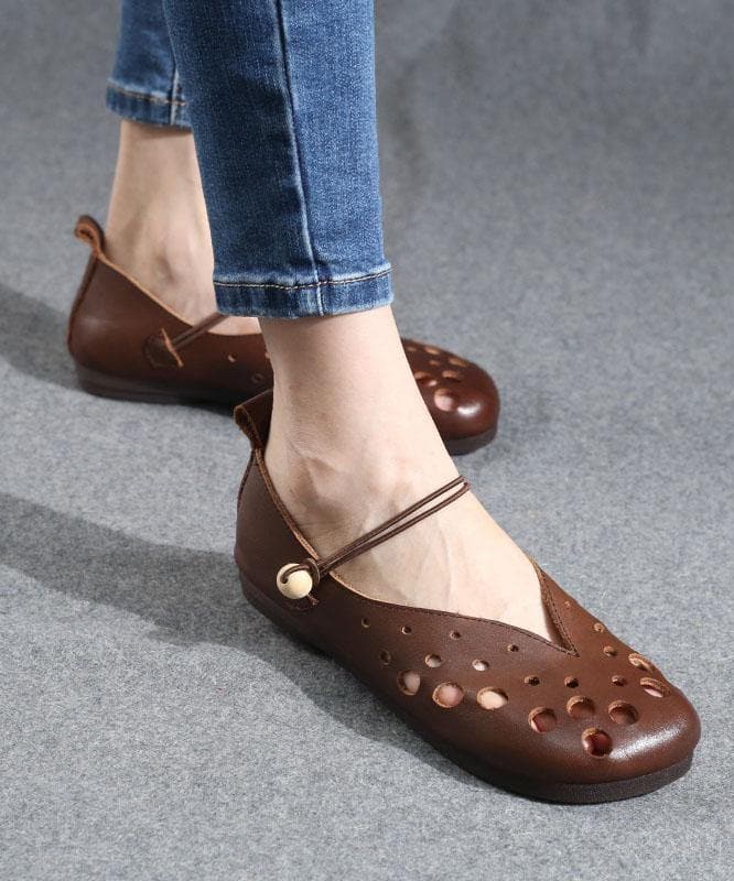 Cowhide Chocolate Leather Flat Shoes For Women Hollow Out Flat Shoes XZ-PDX210622